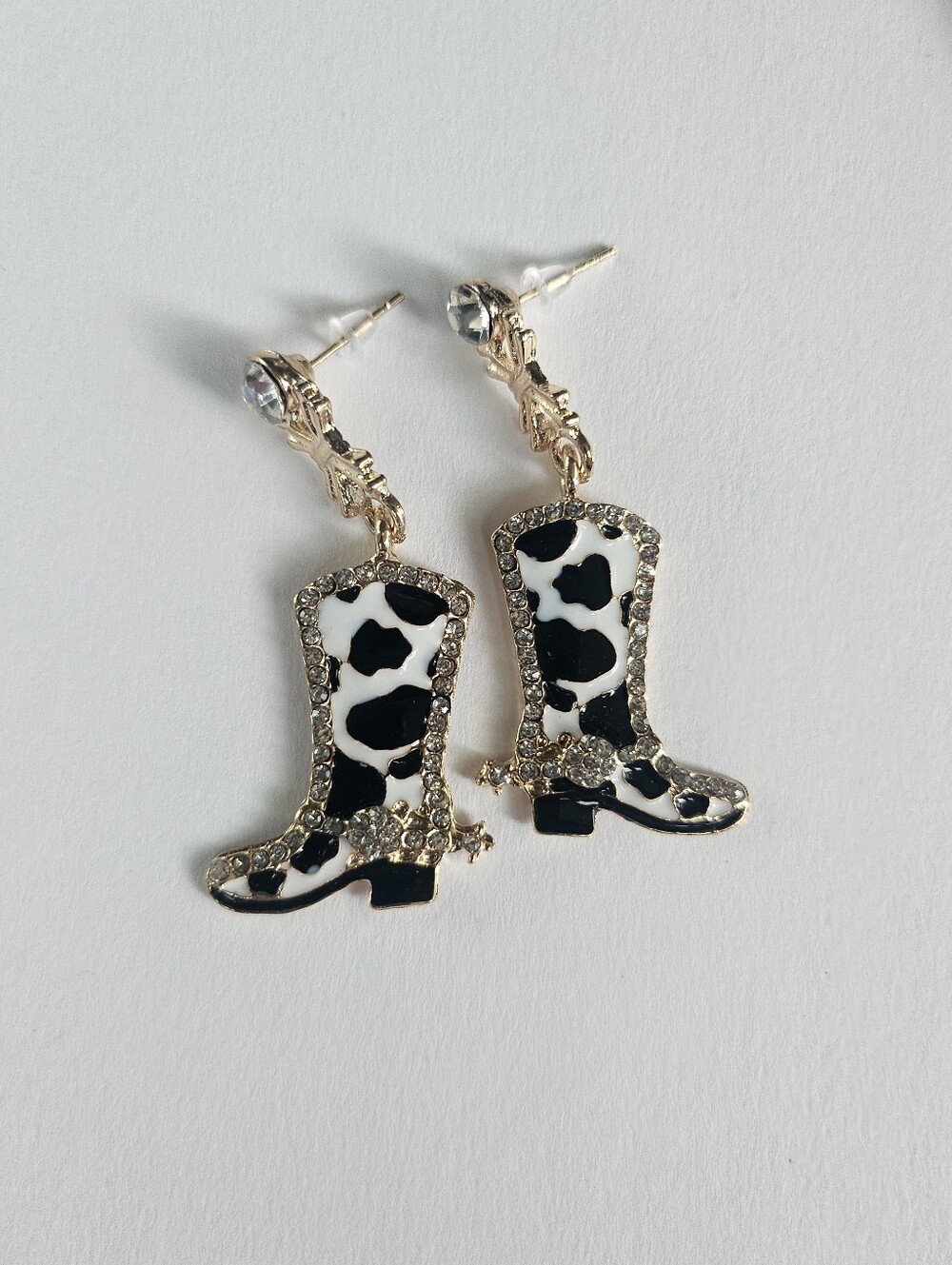 Cowboy boots earrings, cow spots, new without tags, dangle earrings, western,
